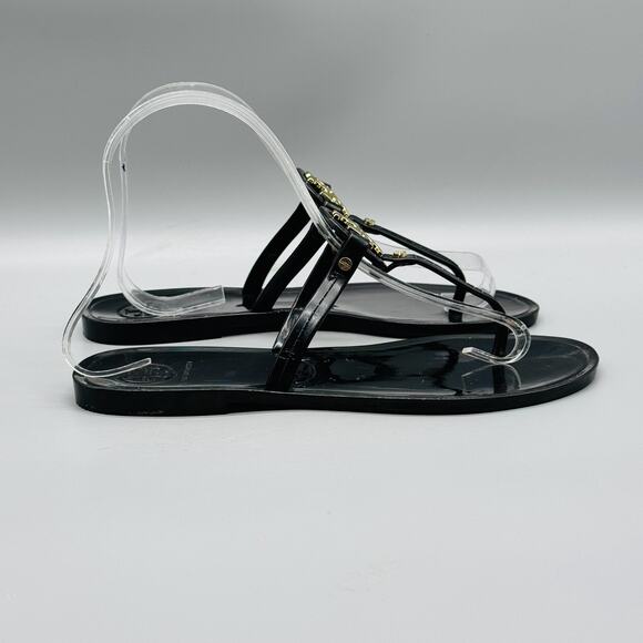Tory Burch Sandals Womens 6 Black Mini Miller Jelly Thong Flip Flop Gold Logo - Picture 1 of 12
